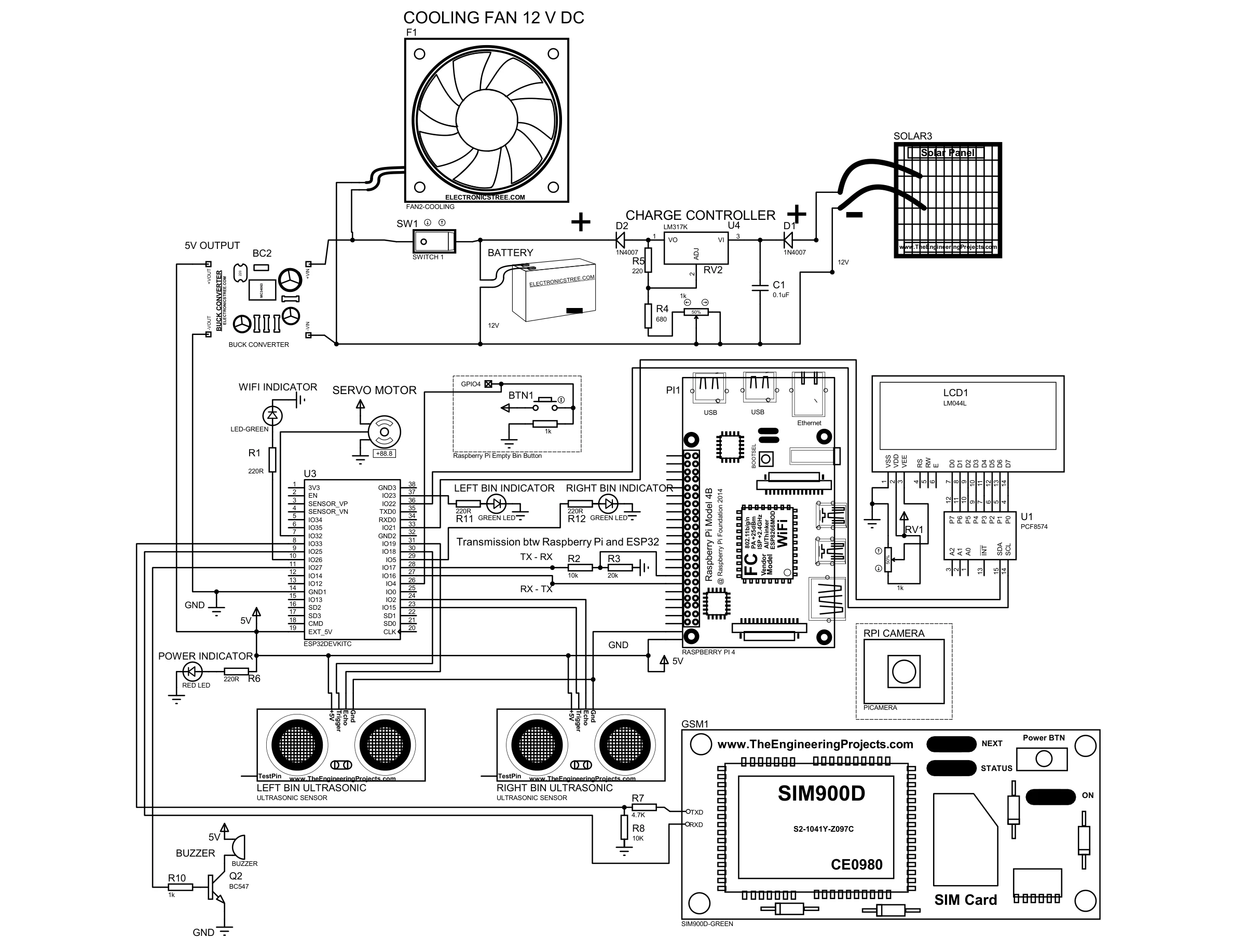 Black-and-white Proteus circuit diagram, alternative view with clearer trace routing
