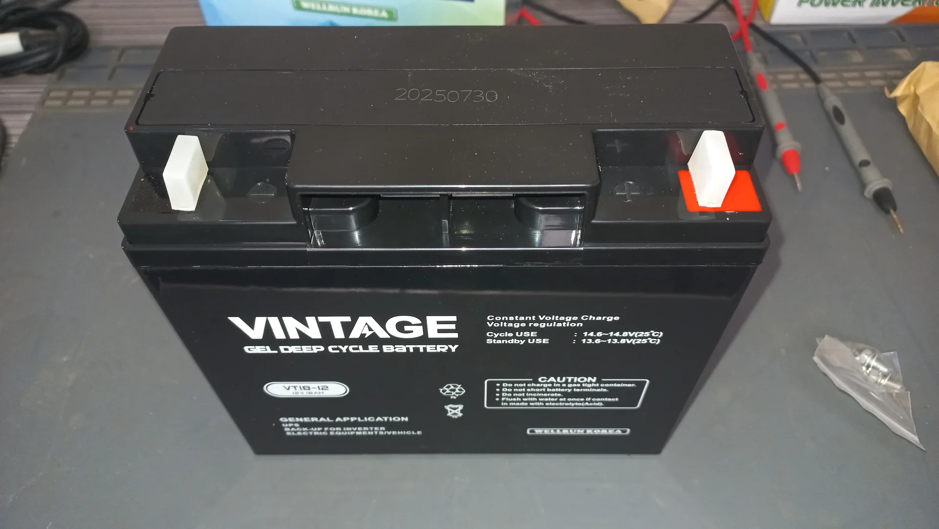 VINTAGE VT18-12 Gel Deep Cycle Battery out of its box showing the front face with all spec labels including 12 V, 18 Ah and voltage ratings