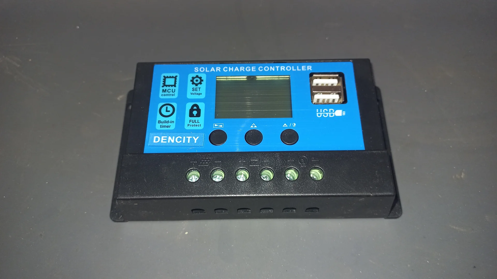 Dencity Solar Charge Controller with LCD display, MCU control buttons, USB output ports and six screw terminals