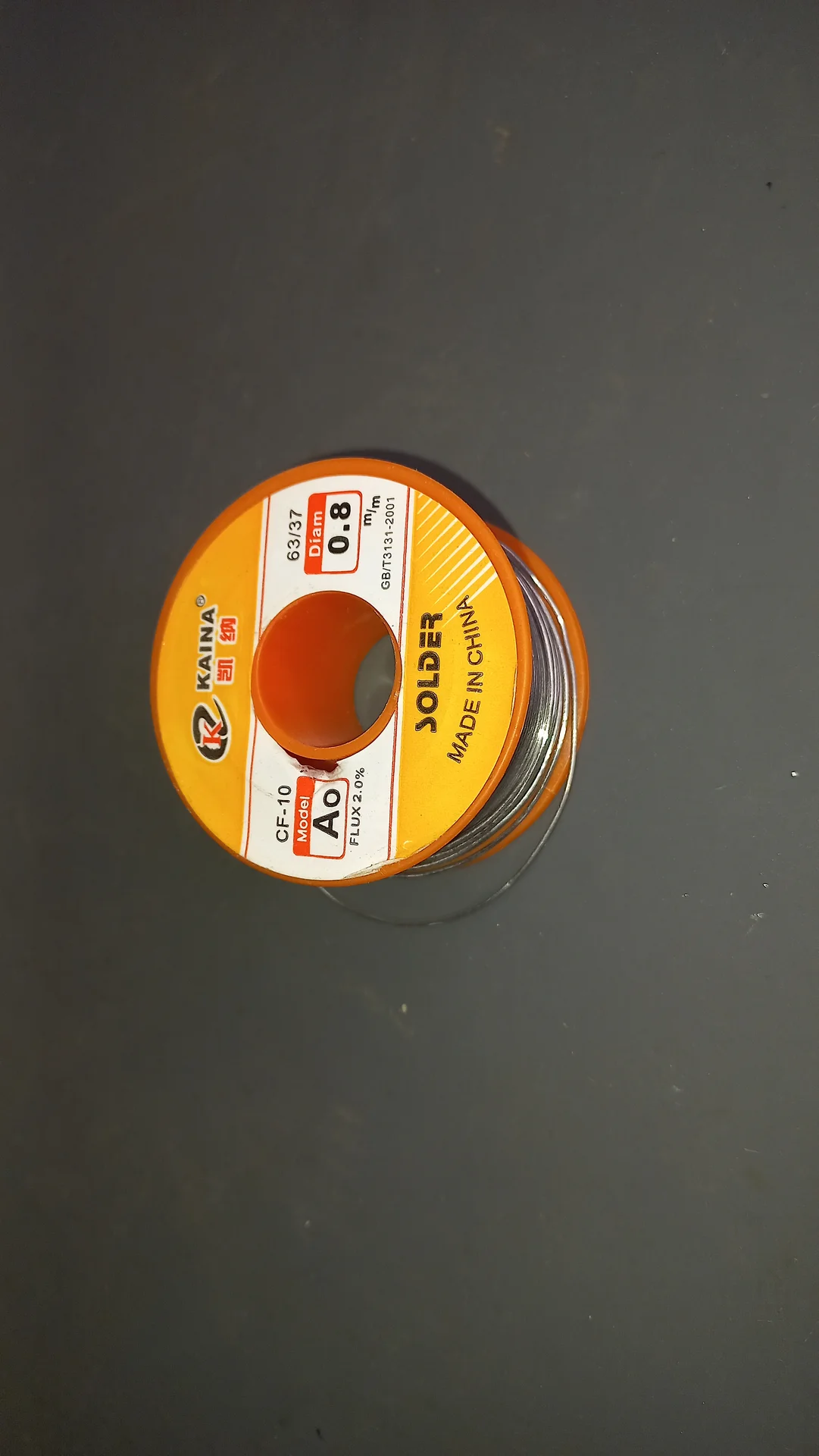 Kaina solder wire reel, 63/37 tin-lead alloy, 0.8 mm diameter, CF-10 flux 2.0%, used for all the soldering work on the project