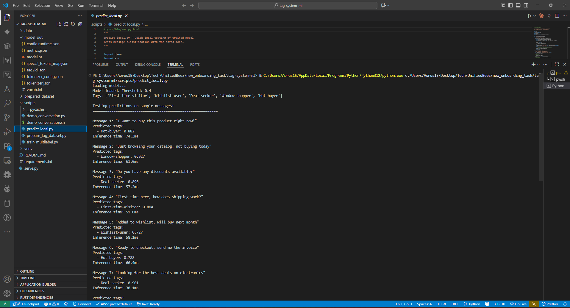 Testing 10 sample messages with predictions and inference times (Messages 1-6)
