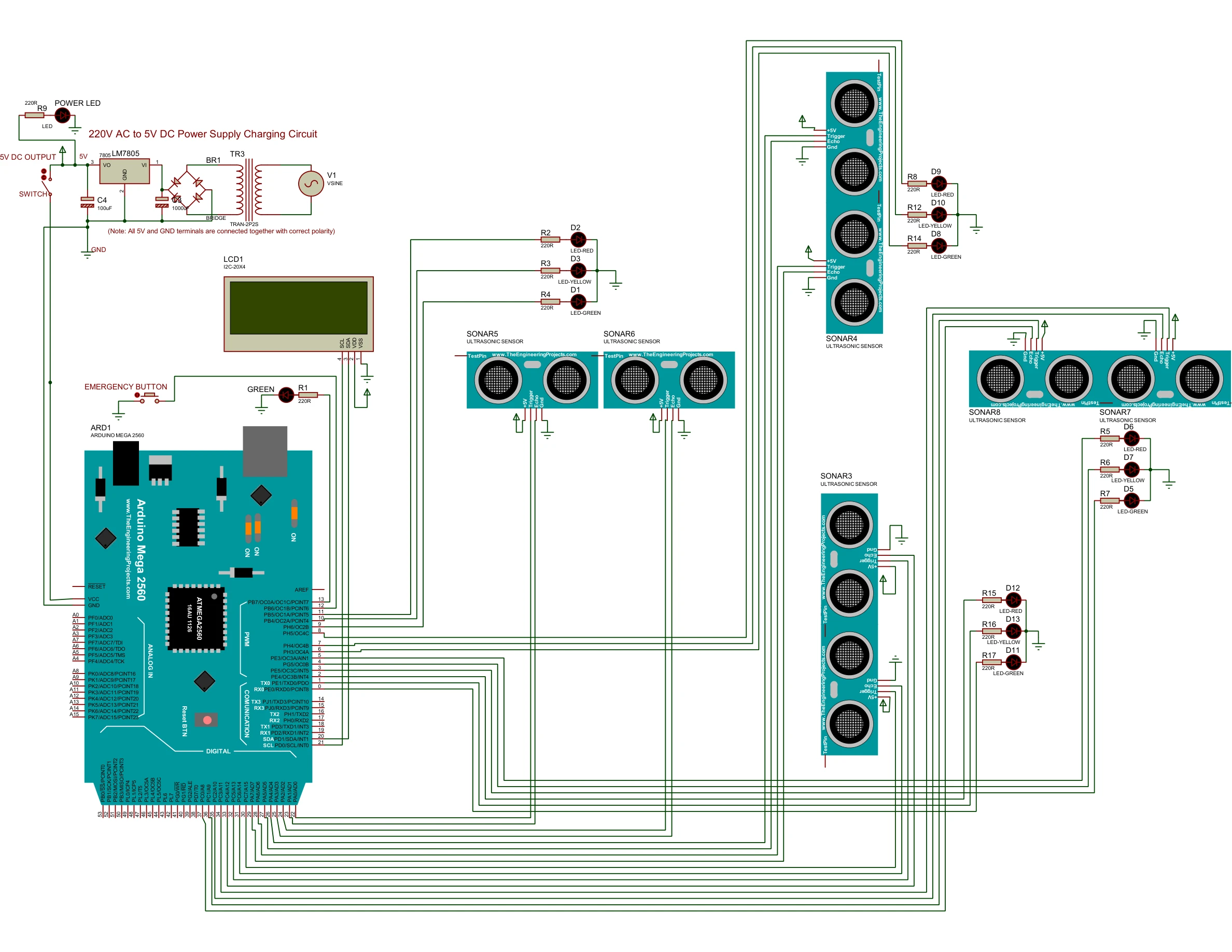 Colour Proteus schematic — Arduino Mega 2560 with 8 HC-SR04 sensors, 12 LEDs, I2C LCD, emergency button, and PSU