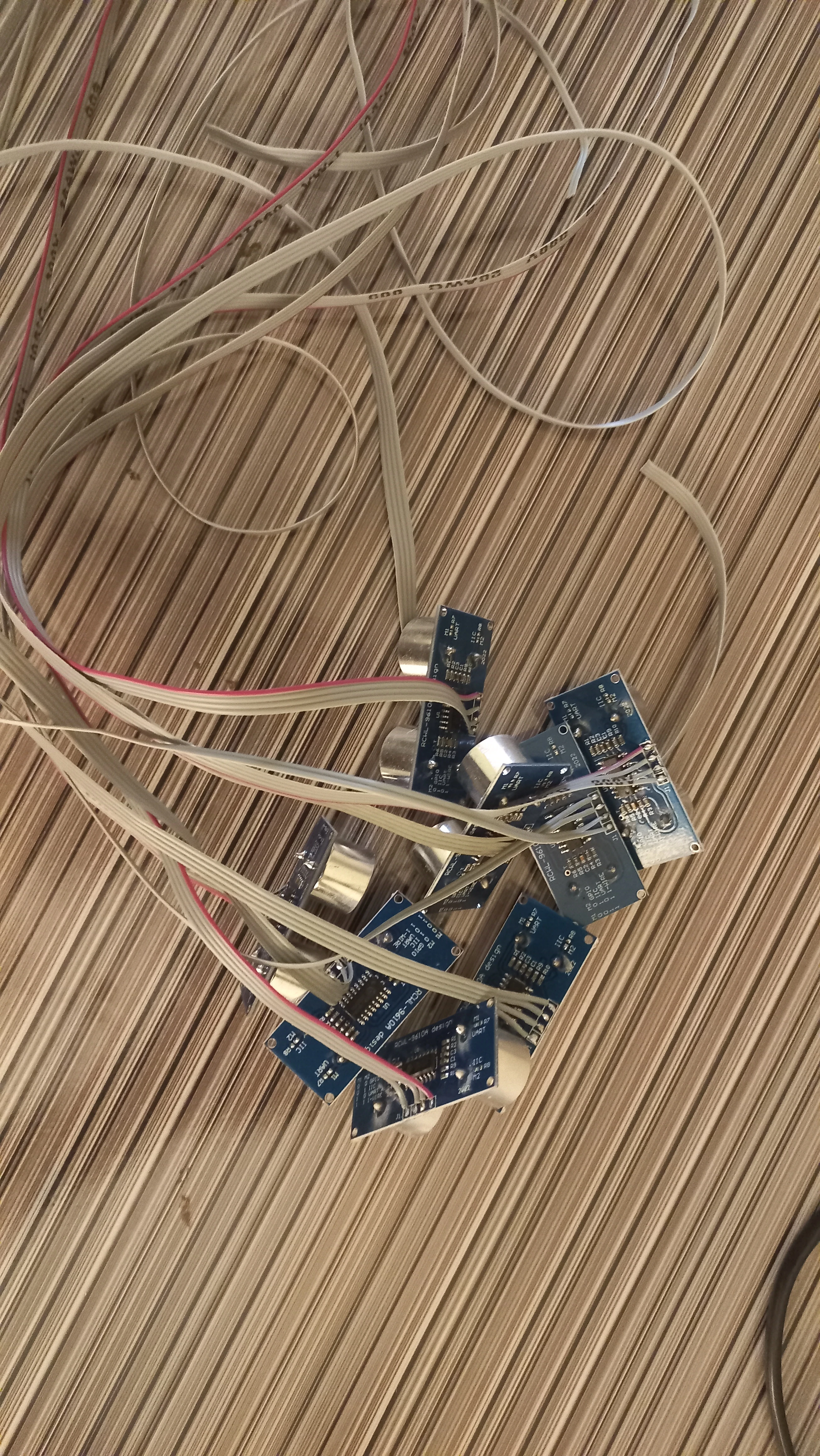 HC-SR04 sensors wired via ribbon cable — angle 1