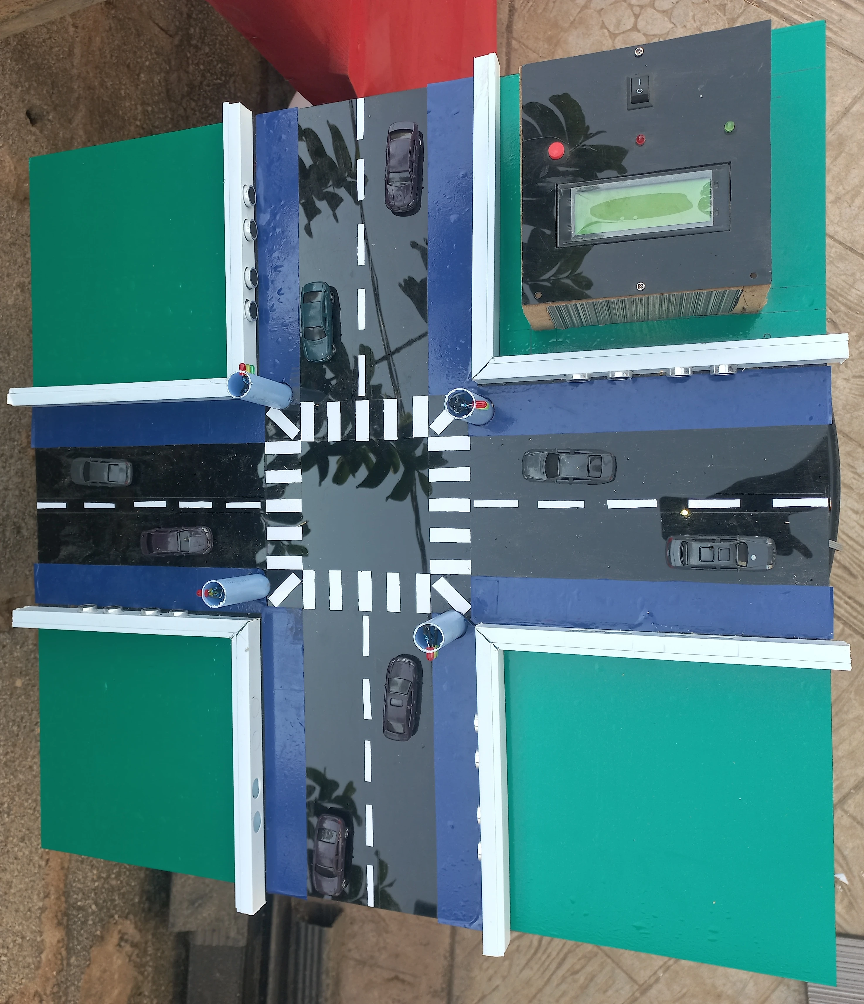 Full overhead view of completed intersection model showing all 4 lanes and LED positions