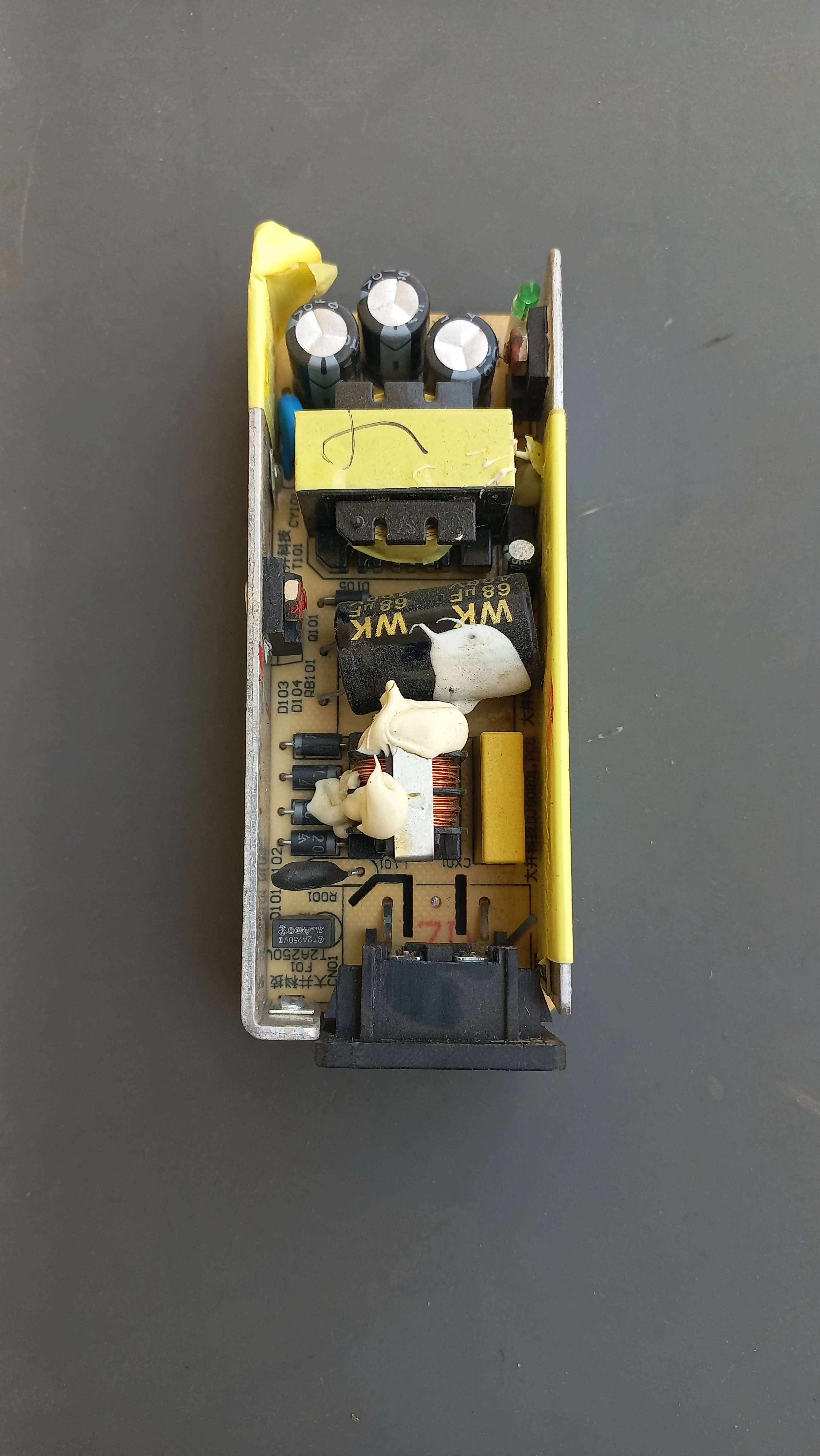Power supply unit interior showing mains connections