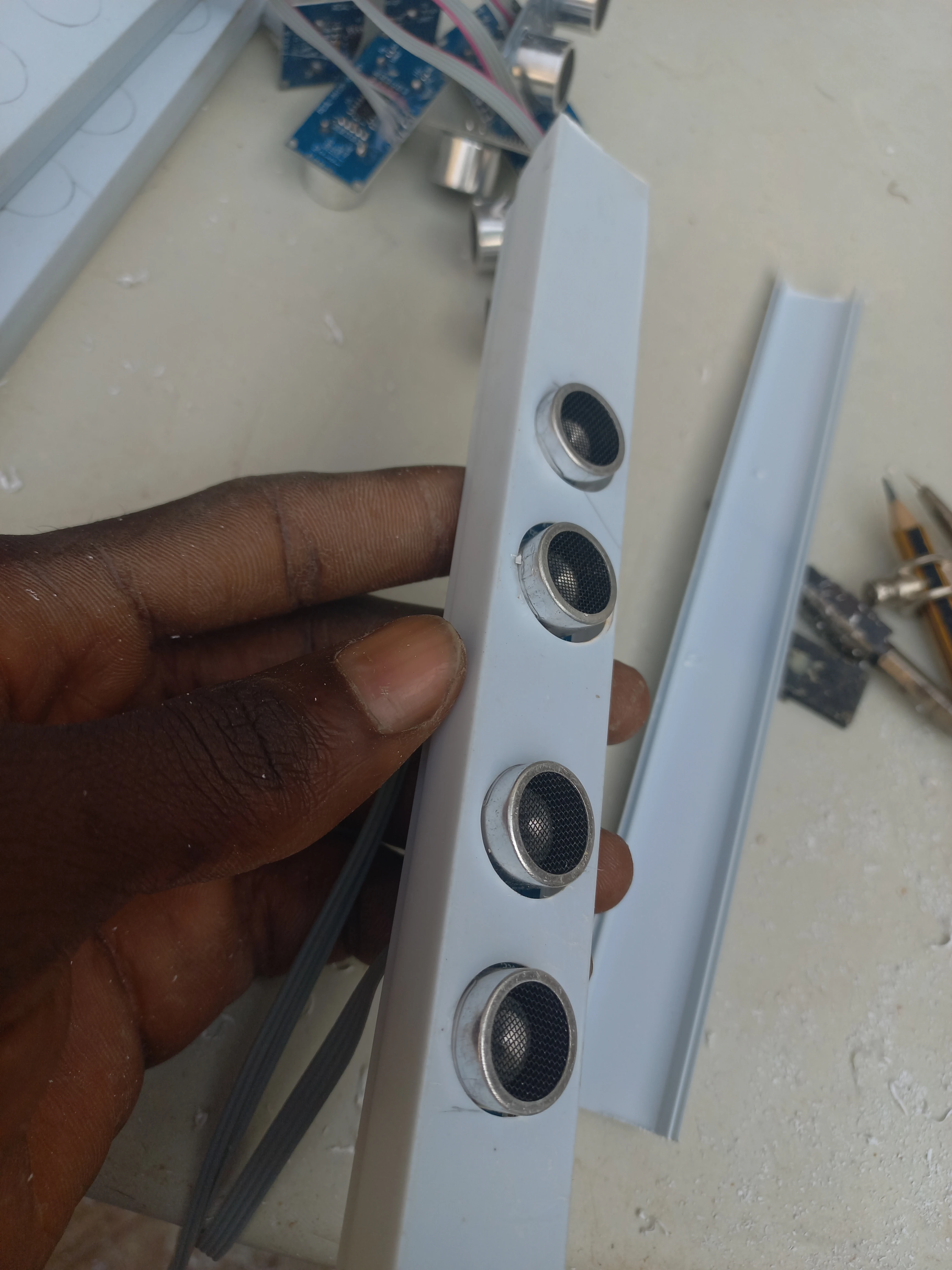 Sensor bar with four HC-SR04 sensors mounted — angle 2