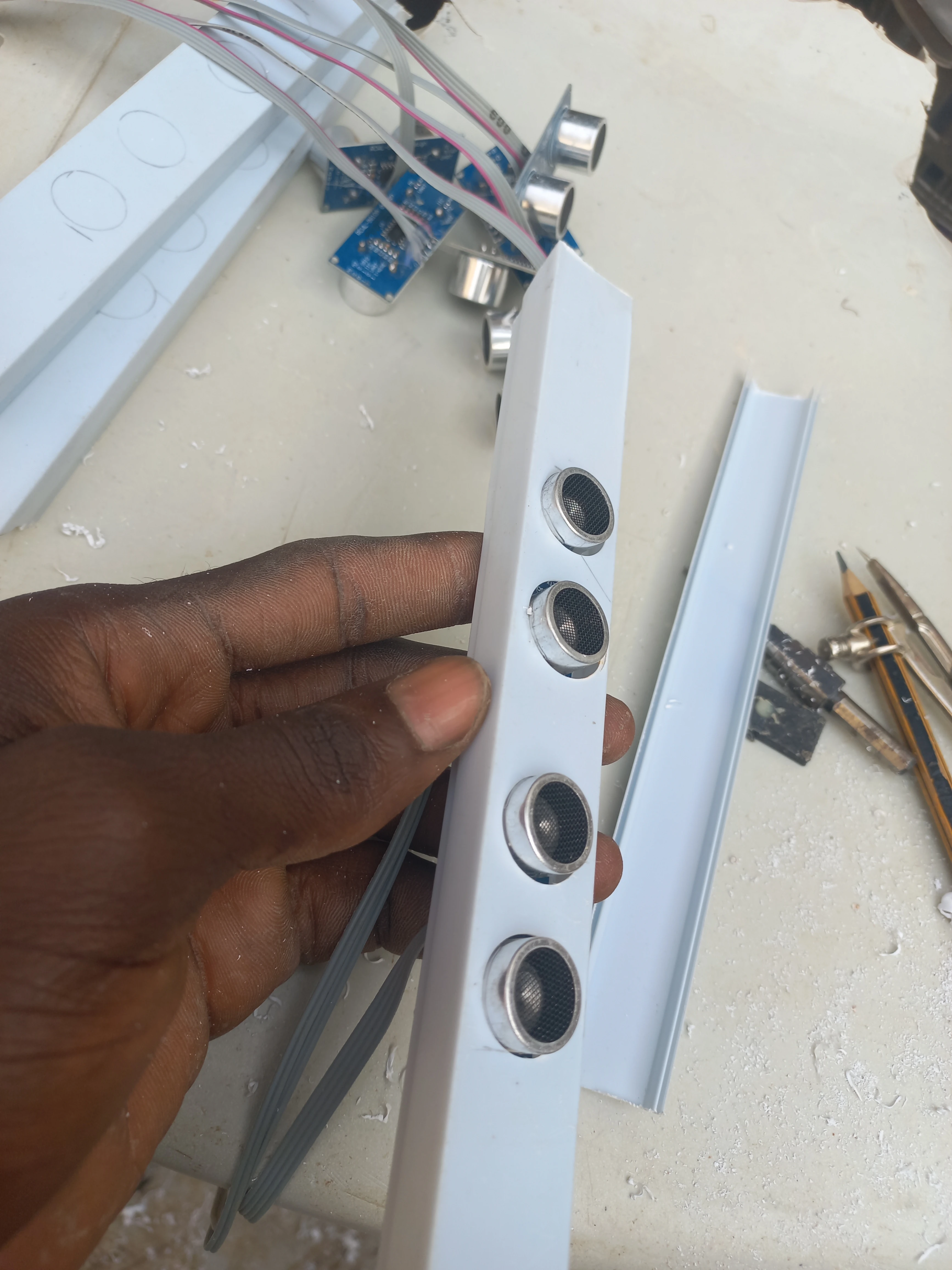 Sensor bar with four HC-SR04 sensors mounted — angle 3