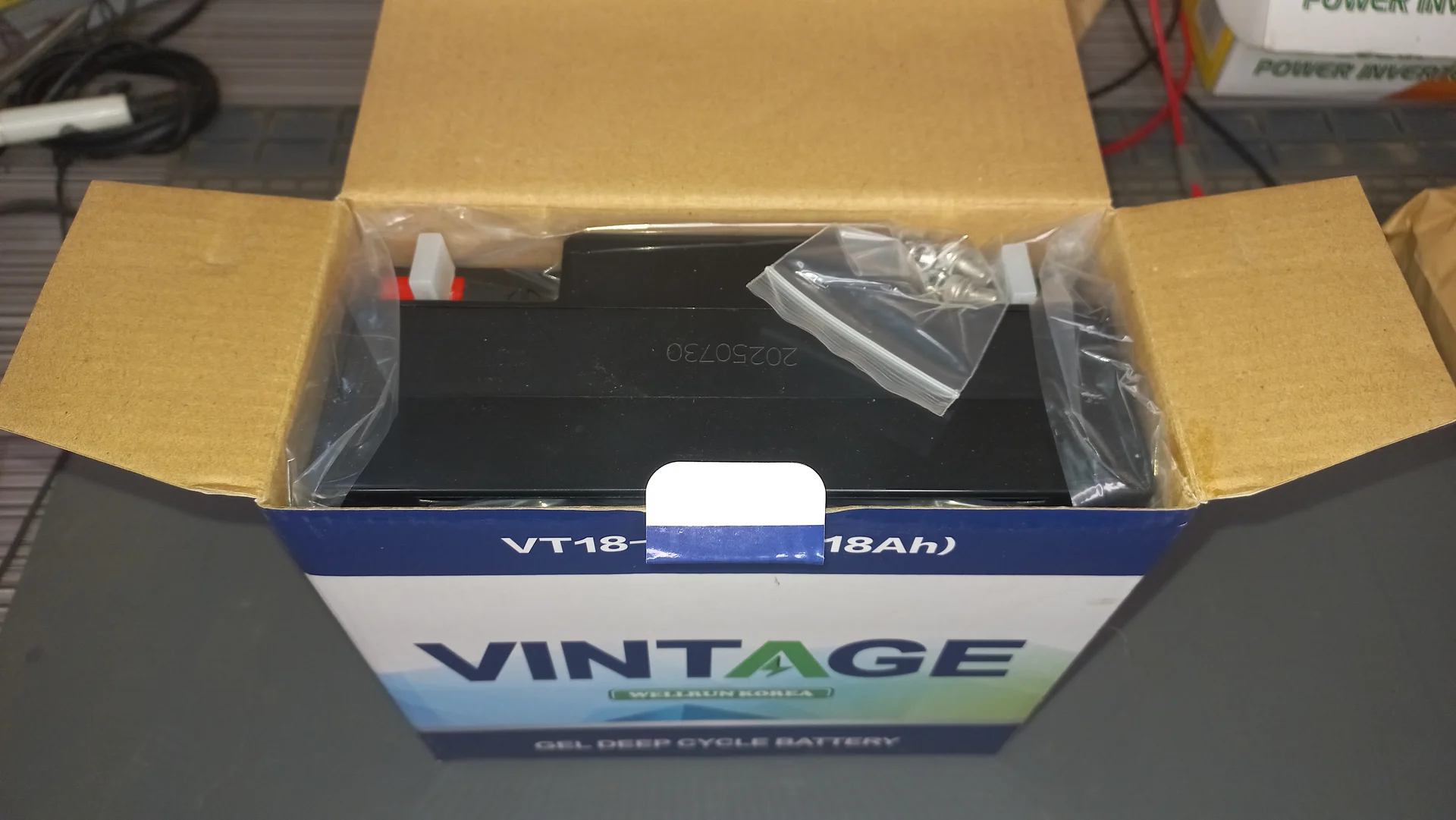 VINTAGE VT18-12 Gel Deep Cycle Battery in its opened box, the 12 V 18 Ah battery that powers the whole system
