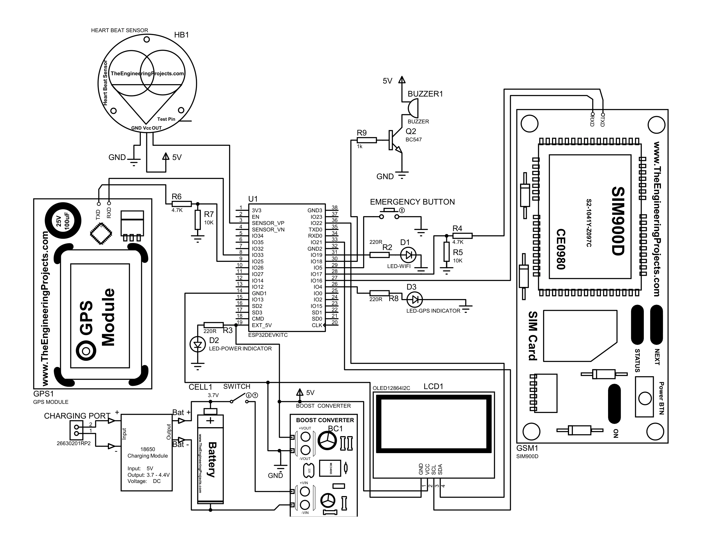 Smart Women's Safety Device - black and white Proteus circuit schematic