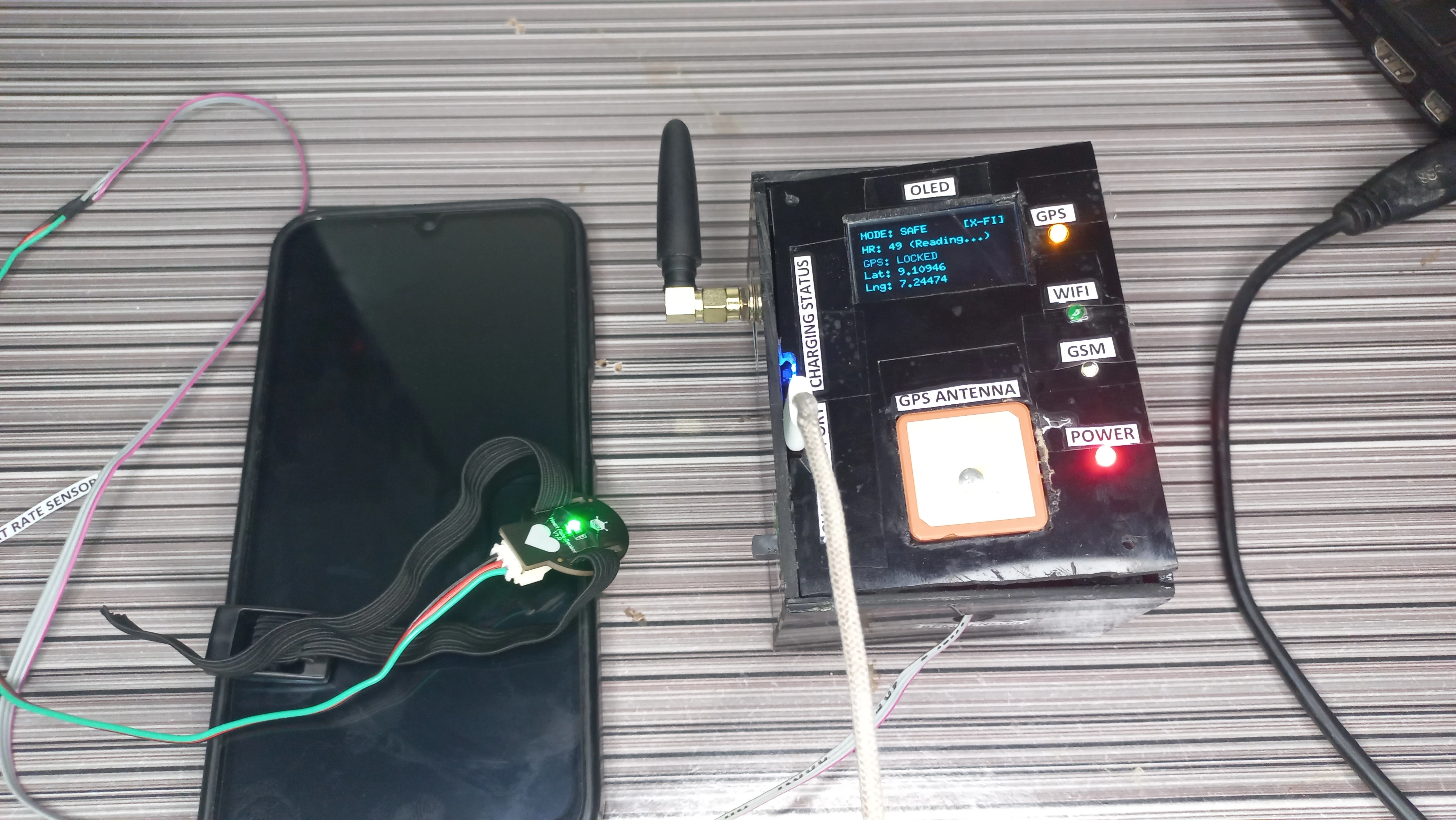 OLED live demo showing MODE SAFE GPS coordinates