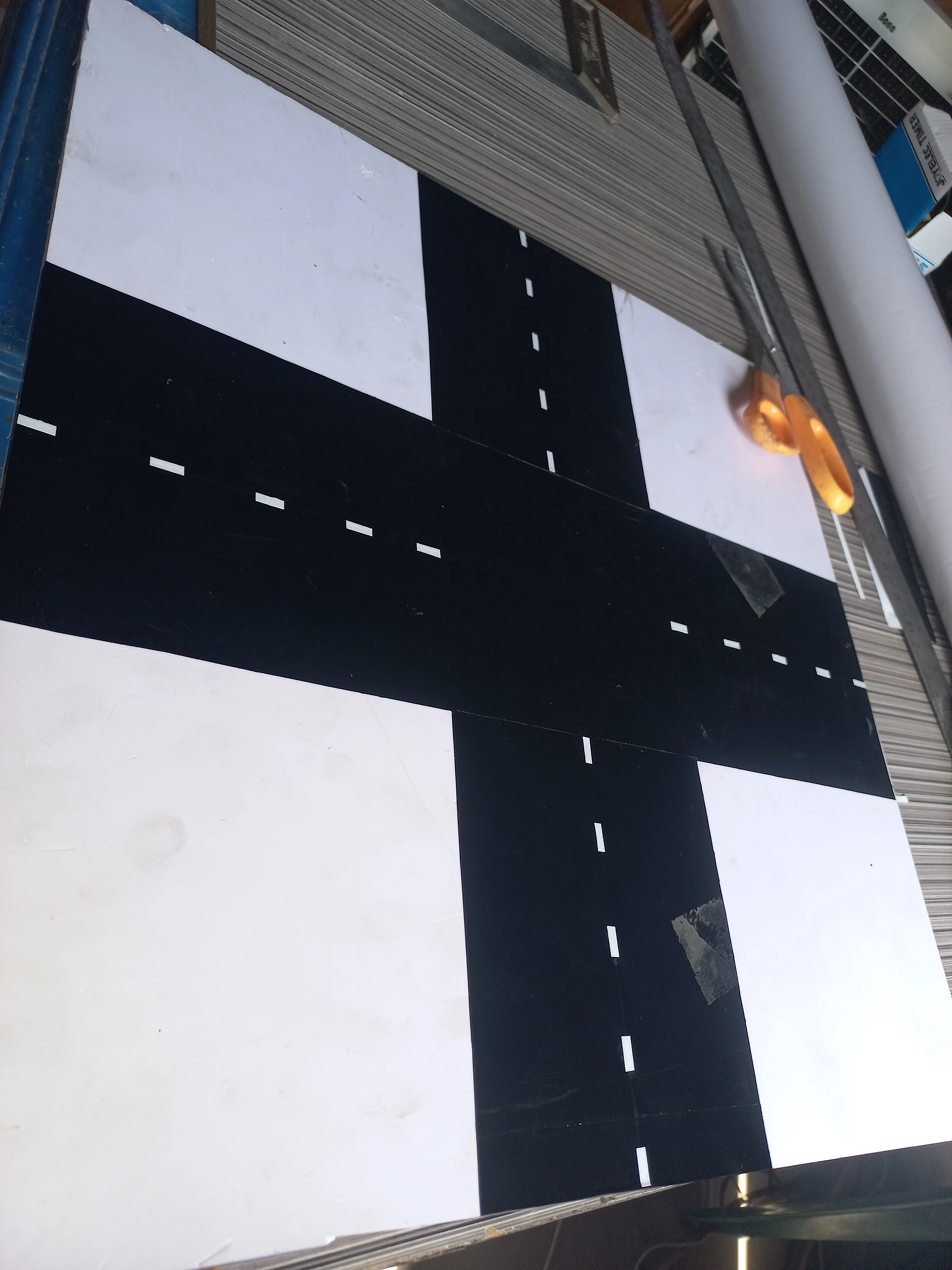 Overhead view of the crossroads road surface with all markings in place