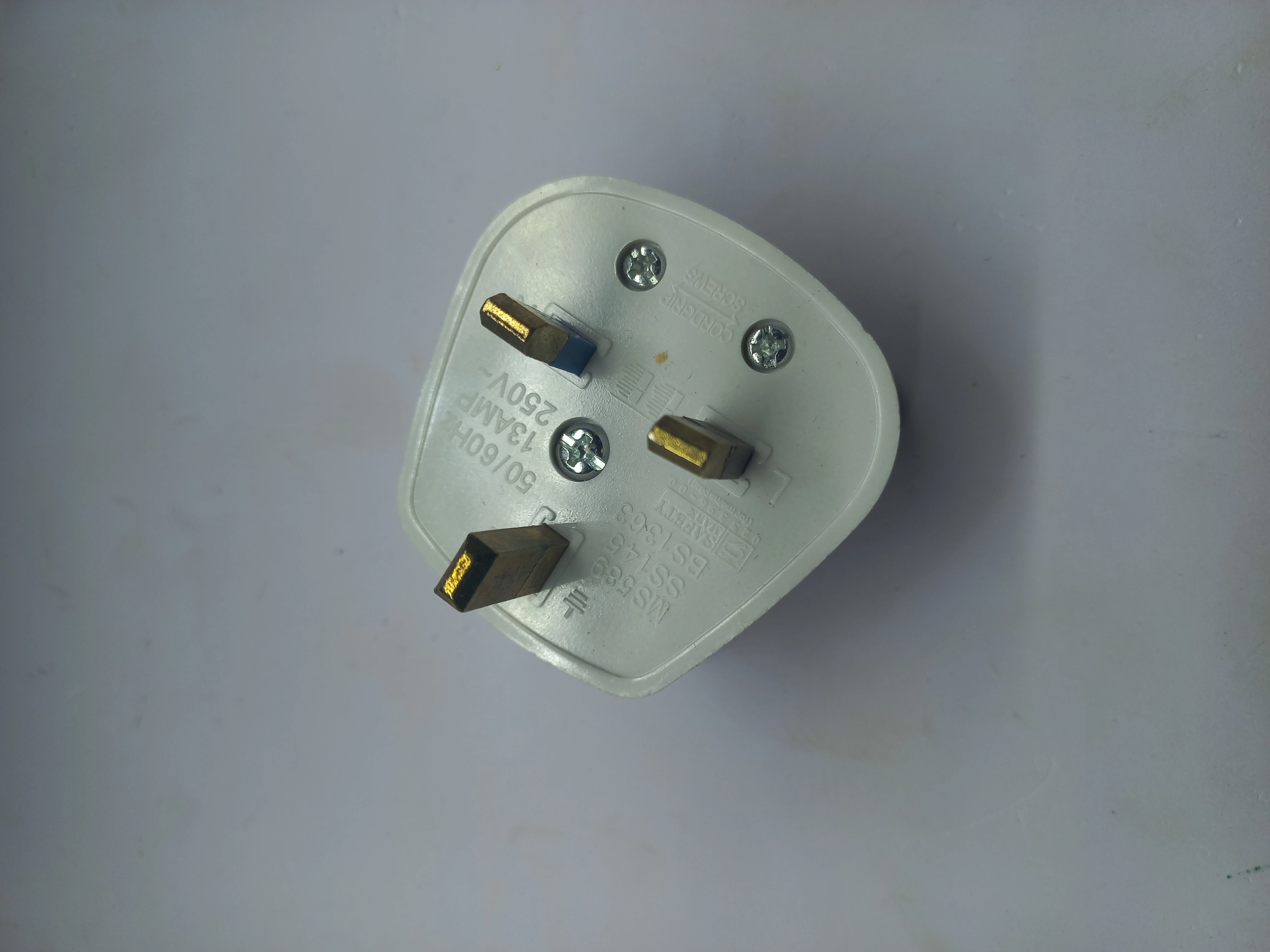 UK BS1363 3-pin mains plug (3 A, 250 V) attached to the BT AC adapter cable for road unit AC input
